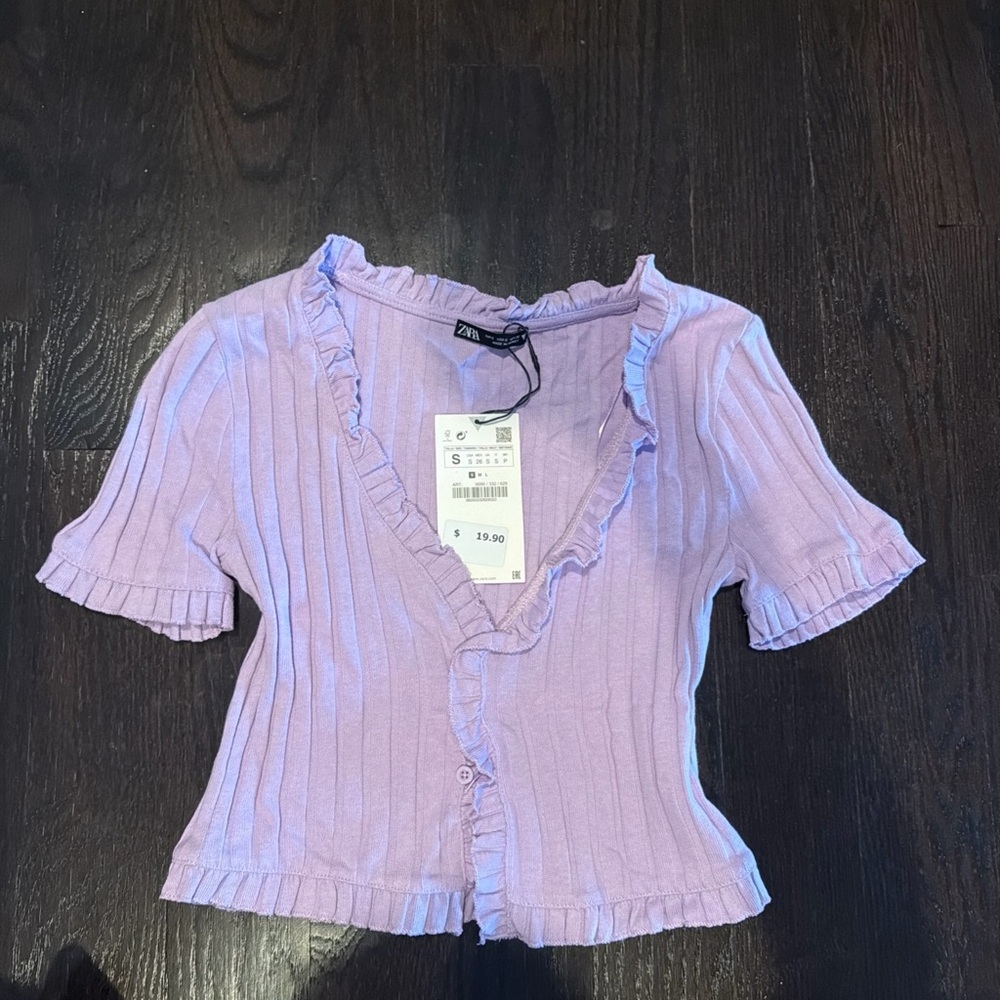 Zara Lilac purple Ruffle Trim Top cardigan button down short sleeve size small